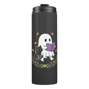 Halloween Ghost Cat Reading Book Floral Design_1 Thermal Tumbler
