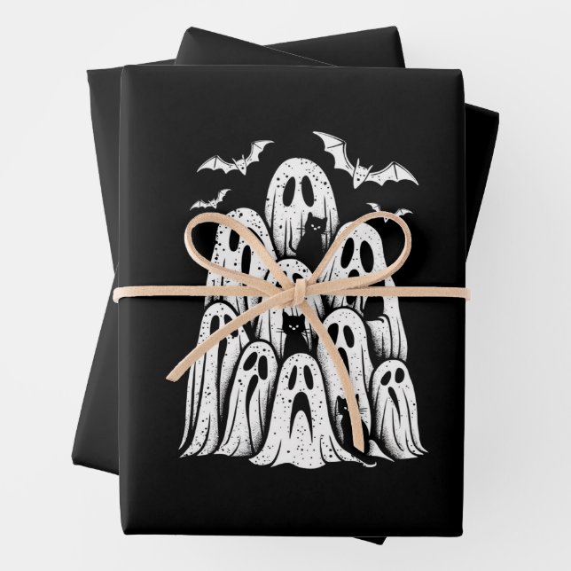 Halloween Ghost Cats Lover Fall Spooky Season Wrapping Paper Sheet (In situ)