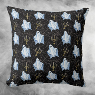 Halloween Ghost, Cobwebs & Candelabra Gothic Black Cushion