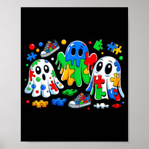 Halloween Ghost Colorful Puzzle Ribbon Autism Awar Poster
