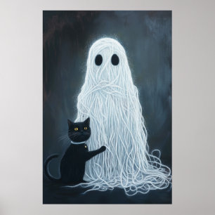 Halloween Ghost Covered in Yarn and Black Cat Poster