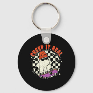 Halloween Ghost Creep It Real Skateboarding Retro Key Ring