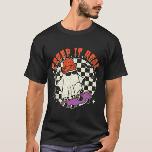 Halloween Ghost Creep It Real Skateboarding Retro  T-Shirt