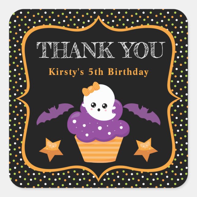 Halloween Ghost Cupcake & Polka Dots Birthday Square Sticker (Front)