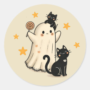 Halloween Ghost & Cute Black Cats  Classic Round Sticker