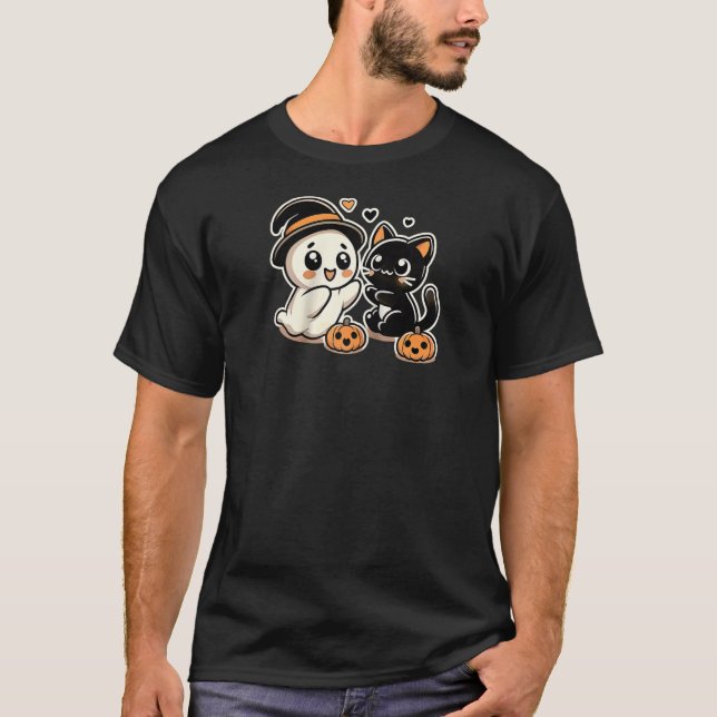 Halloween Ghost Cute Cat Love Pumpkin Spooky Frien T-Shirt (Front)