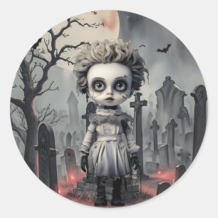 Halloween Ghost Doll at Graveyard  Classic Round Sticker