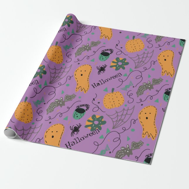 Halloween Ghost Doodles Purple Pattern Wrapping Paper (Unrolled)