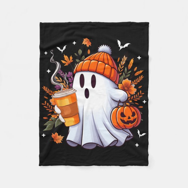 Halloween Ghost Drinking Ice Coffee Lover Ghost Gi Fleece Blanket (Front)