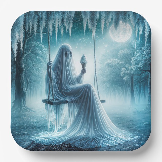 Halloween Ghost Eating An Ice Cream Cone Paper Plate (Front)