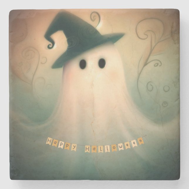 Halloween/Ghost/Fall/Whimsical Ornament Stone Coaster (Front)