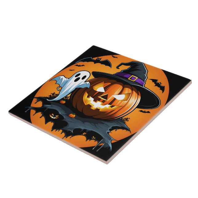Halloween ghost floats beside a carved pumpkin ceramic tile (Side)