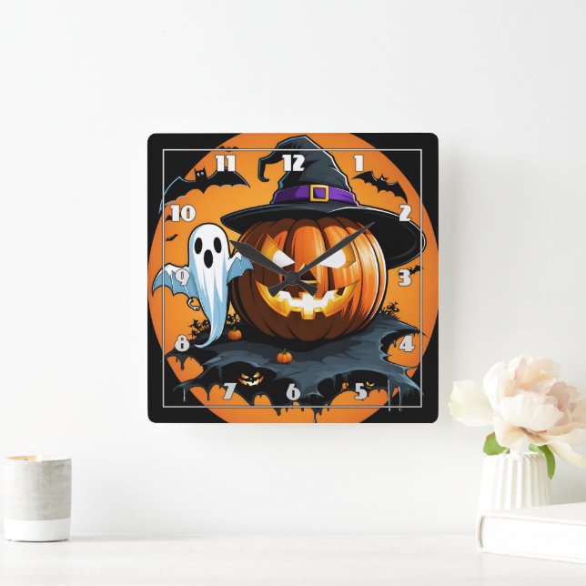 Halloween ghost floats beside a carved pumpkin square wall clock (Home)