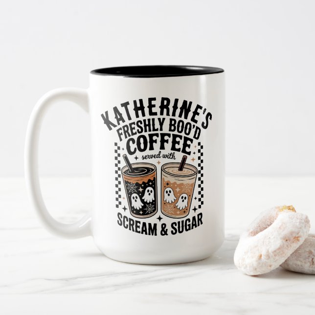 Halloween Ghost Freshly Boo'd Coffee Custom Two-Tone Coffee Mug (With Donut)