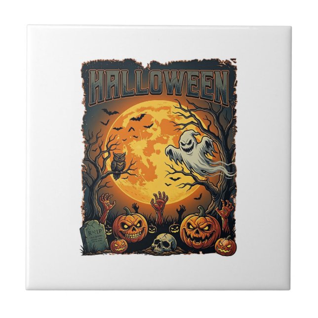 Halloween Ghost Full Moon Jack Lanterns Zombie Han Ceramic Tile (Front)