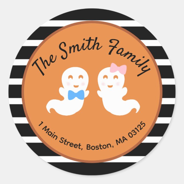 Halloween Ghost Gender Reveal Return Address Classic Round Sticker (Front)