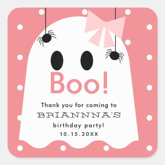 Halloween Ghost Girl Birthday Thank You Pink Square Sticker (Front)