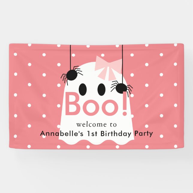 Halloween Ghost Girl Pink Ribbon Birthday Welcome Banner (Horizontal)