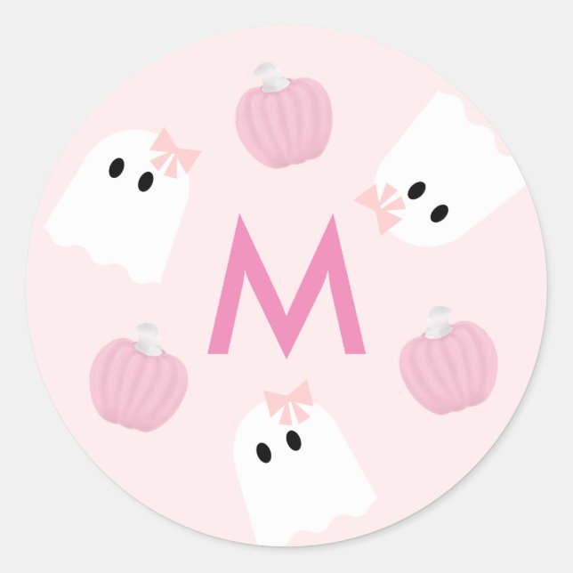 Halloween Ghost Girl & Pumpkin Pink Monogram Classic Round Sticker (Front)