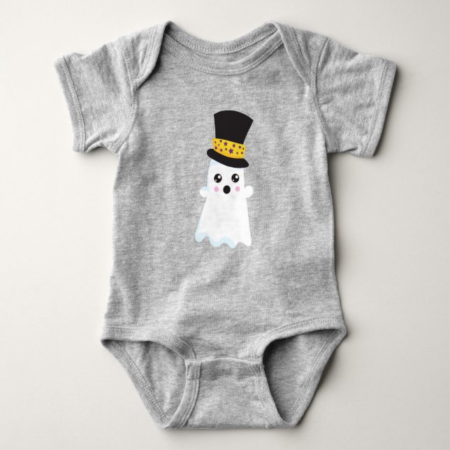 Halloween, Ghost, Hat, Boo, Trick Or Treat Baby Bodysuit (Front)
