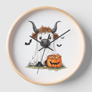 Halloween Ghost Highland Cow PNG Clock