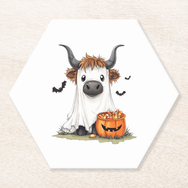 Halloween Ghost Highland Cow PNG Paper Coaster (Front)