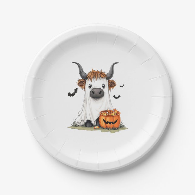 Halloween Ghost Highland Cow PNG Paper Plate (Front)