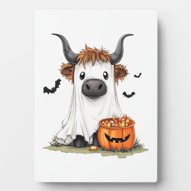 Halloween Ghost Highland Cow PNG Plaque (Front)