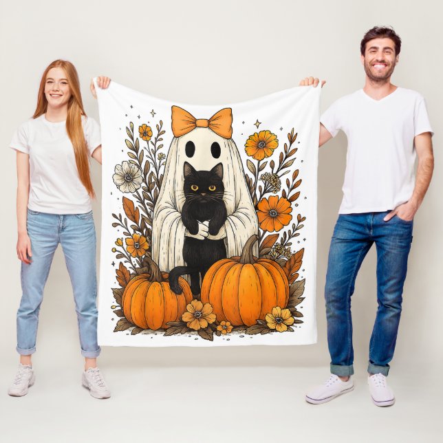 Halloween Ghost Holding Black Cat  Fleece Blanket (In Situ)