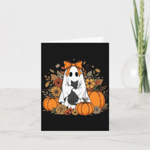 Halloween Ghost Holding Black Cat Groovy Floral Card