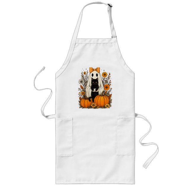Halloween Ghost Holding Black Cat  Long Apron (Front)