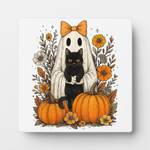 Halloween Ghost Holding Black Cat Plaque