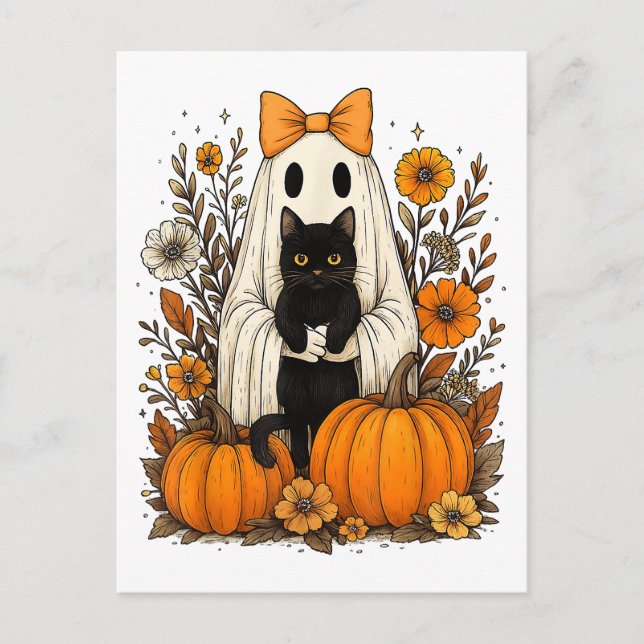 Halloween Ghost Holding Black Cat  Postcard (Front)