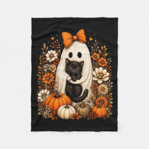 Halloween Ghost Holding Black Cat Pumpkin Floral Fleece Blanket