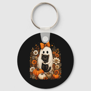 Halloween Ghost Holding Black Cat Pumpkin Floral Key Ring