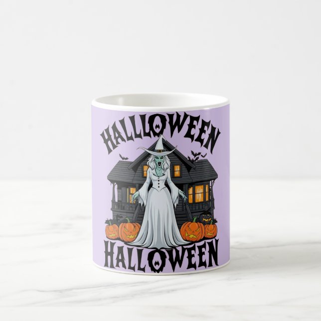 Halloween ghost house, pumpkins, witch, bats  coffee mug (Center)