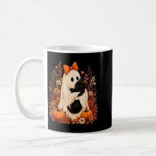 Halloween Ghost Hugging Black Cat Autumn Floral Coffee Mug