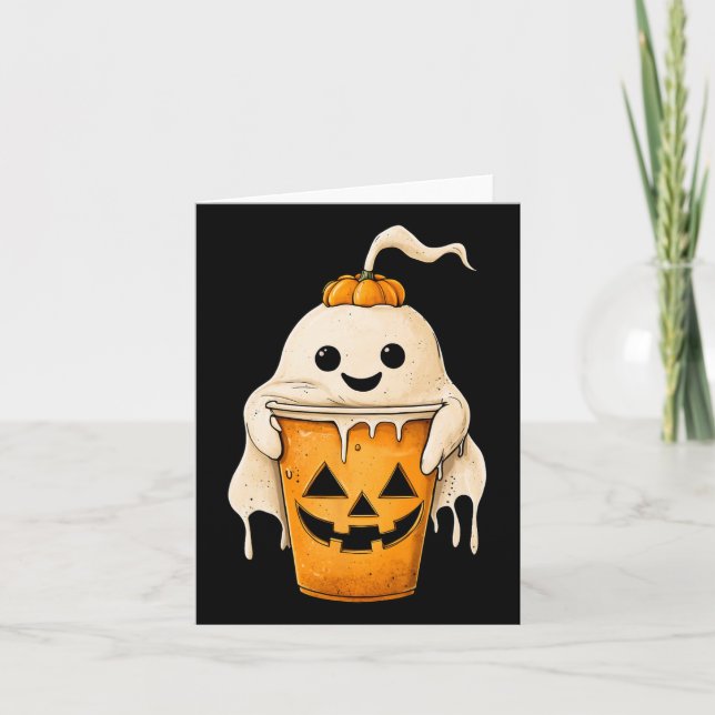 Halloween Ghost Iced Coffee With Pumpkin Fun Spook Card (Front)