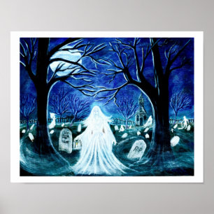 Halloween ghost in a graveyard 'Up after Flowers" Poster