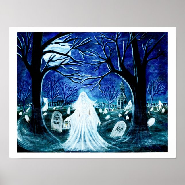 Halloween ghost in a graveyard 'Up after Flowers" Poster (Front)