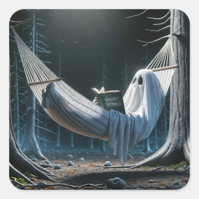 Halloween Ghost In a Hammock Square Sticker (Front)