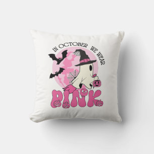  Halloween Ghost In October we Wear Pink  Cushion