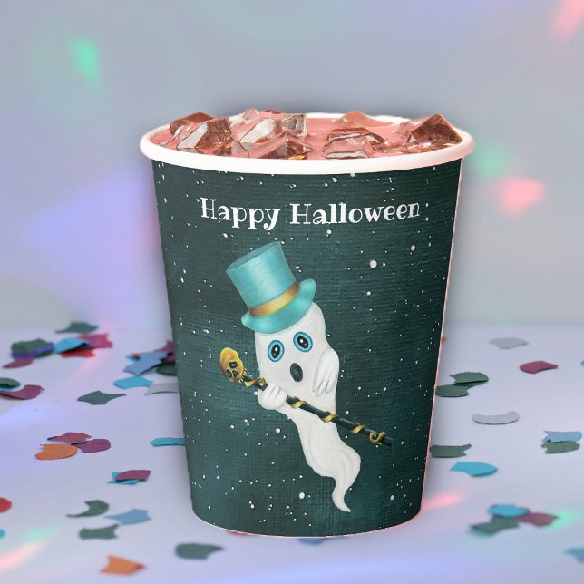 Halloween Ghost in Top Hat Silly Face Gold Skull Paper Cups (Ghost silly face, top hat, skull cane floating in night sky on Halloween paper party cups.)