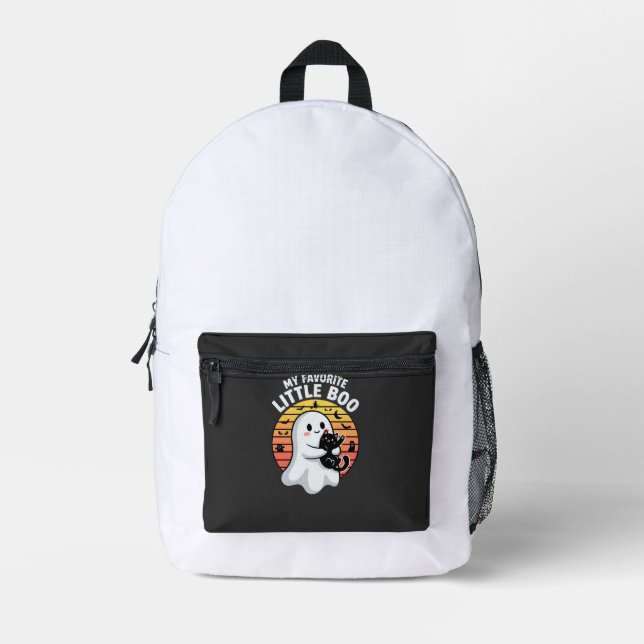 Halloween Ghost Little Boo Cat Printed Backpack (Front)