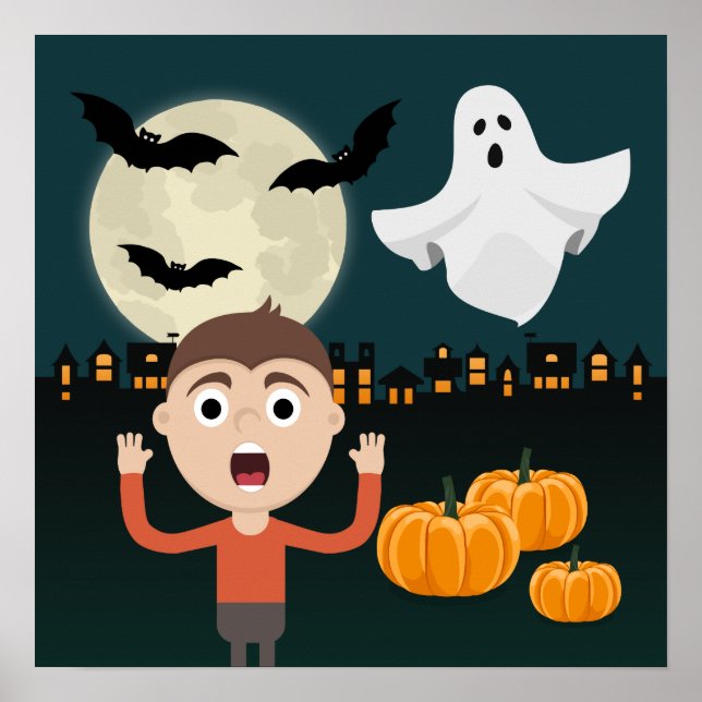 Halloween Ghost Moon Bats Illustration Poster (Front)