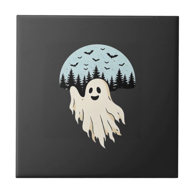 Halloween Ghost Moon Forest Design_1 Ceramic Tile (Front)