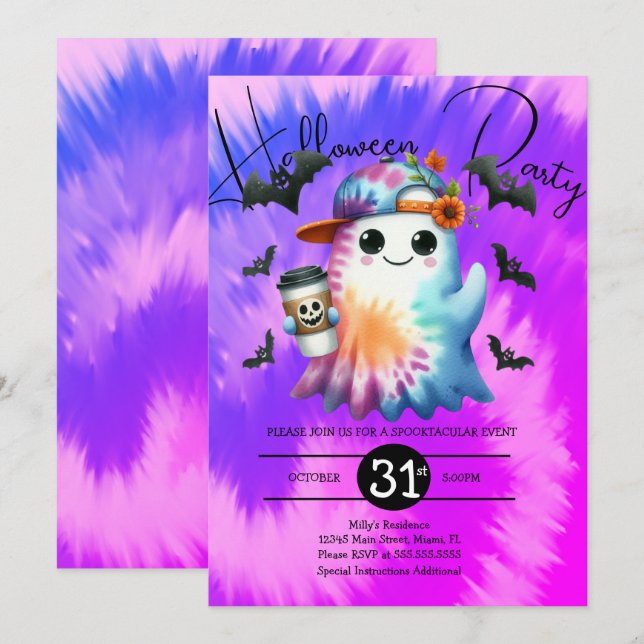 Halloween Ghost Neon Party Tie Dye Hand Drawn  Invitation (Front/Back)