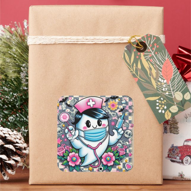 Halloween Ghost Nurse with Mask and Syringes Square Sticker (Holiday)