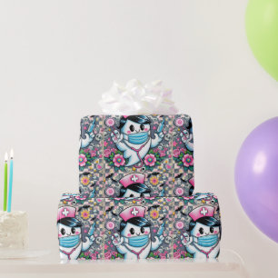 Halloween Ghost Nurse with Mask and Syringes Wrapping Paper