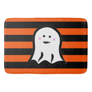 Halloween Ghost on Black and Orange Stripes  Bath Mat